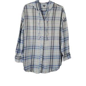 💎313 Aerie Long Sleeve V Neck Blue And White Plaid Hoodie
